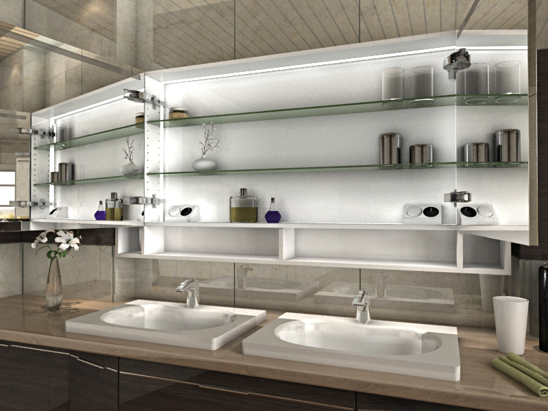 Spiegelschrank Vantaa Licht oben, mit offenem Regal am Rand unten