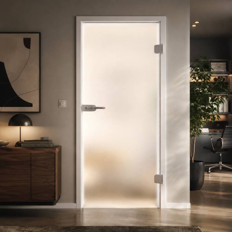 Glastür 8 mm ESG Satinato Milchglas-Optik Stripes 1