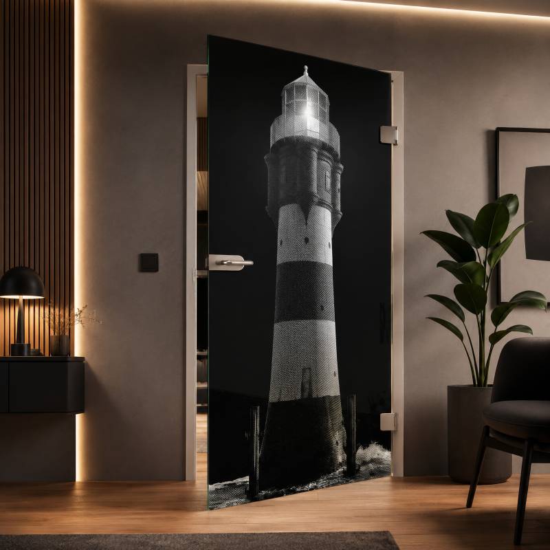 Glastür lackiert mit Laser-Motiv Leuchtturm